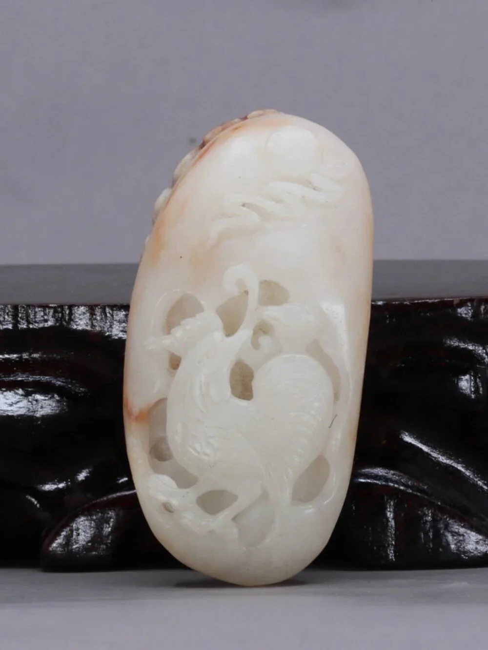 Chinese White Hetian Jade Pendant w Rooster & Ruyi